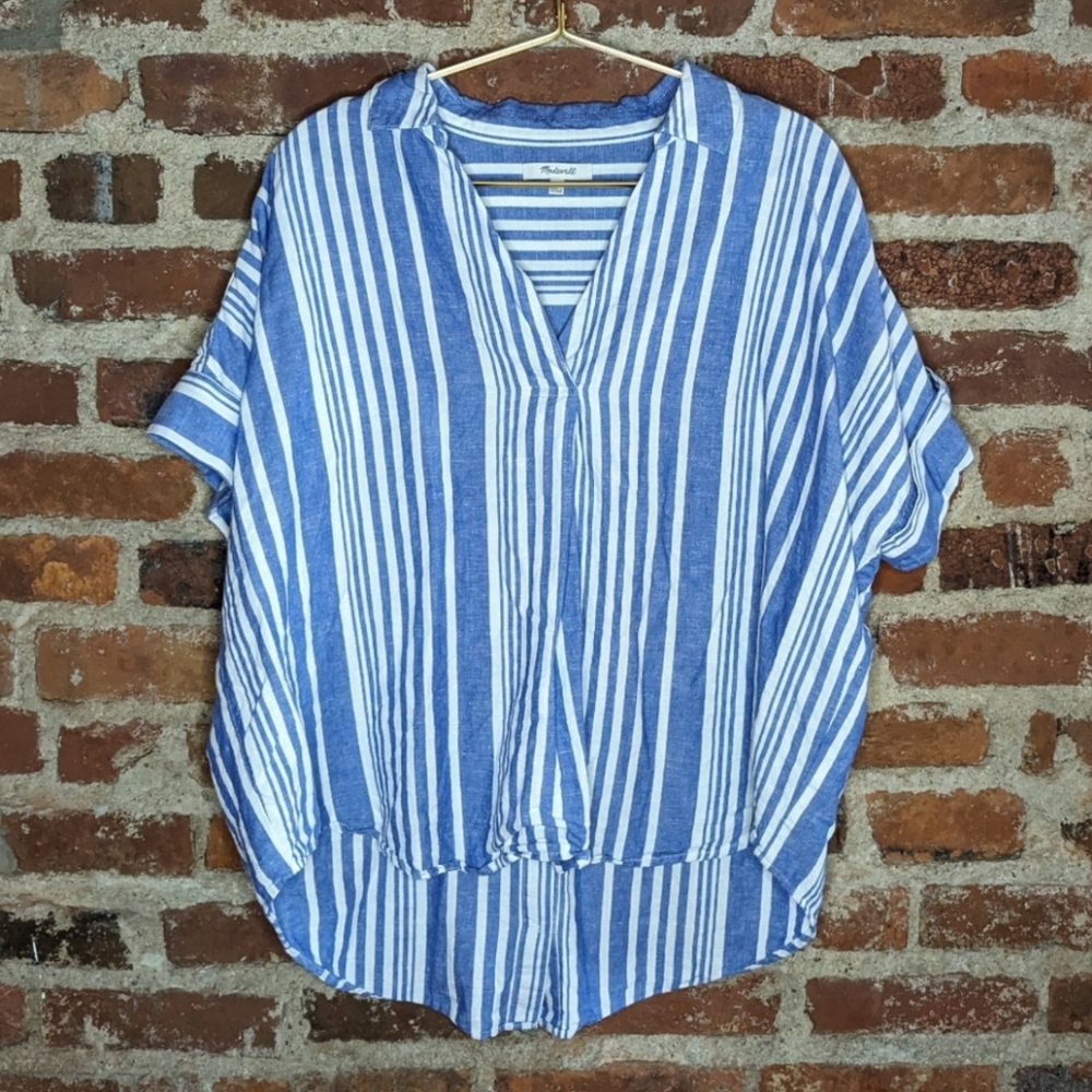 Madewell Large Blue & White Striped Oversized Relaxed Top w/ Buttons Up Back